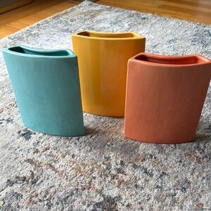 Vibrant Ceramic Vase Trio in Turquoise, Yellow & Coral